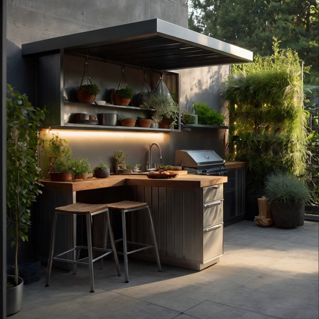 A small yet functional outdoor cooking area tucked between planters and hanging herbs. The compact setup maximizes space while offering a cozy cooking experience.