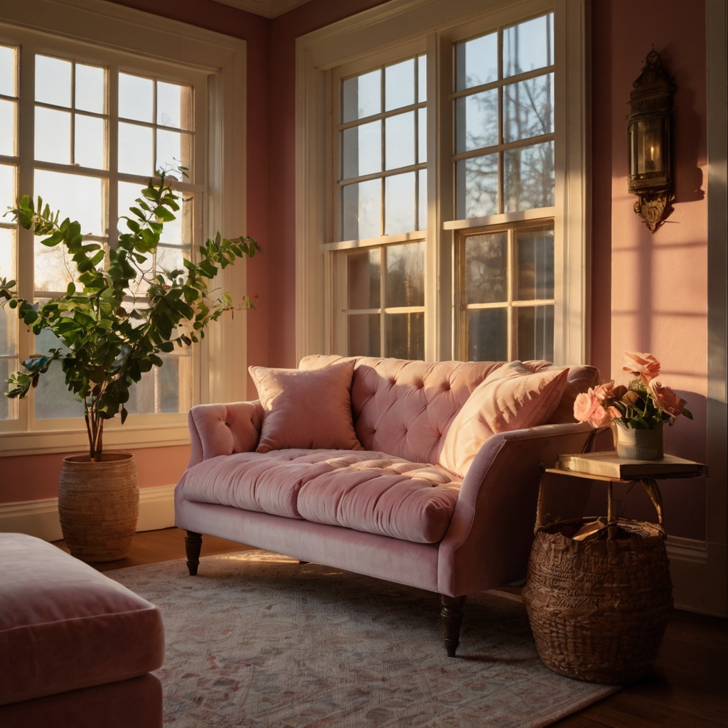 Velvet loveseat tucks into a corner bathed in warm natural light. Pillows rest neatly as twilight seeps into the room.