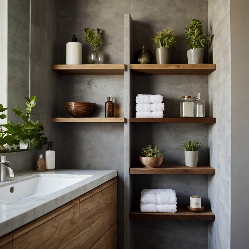 Slim, floating shelves hold essentials without cluttering the space. Clever placement adds function and airy organization.