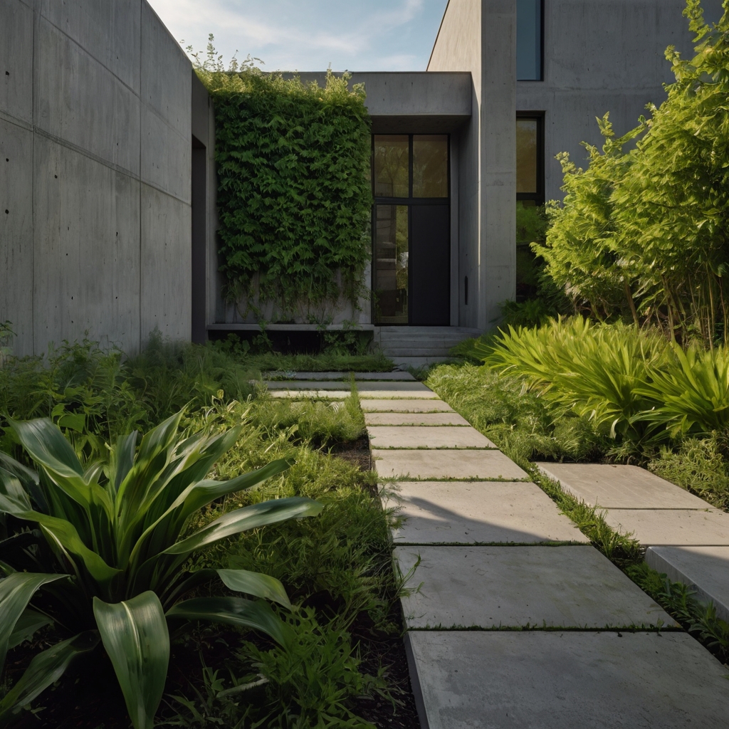 Gray borders outline green patches with crisp definition. The structured yard balances soft and hard elements.