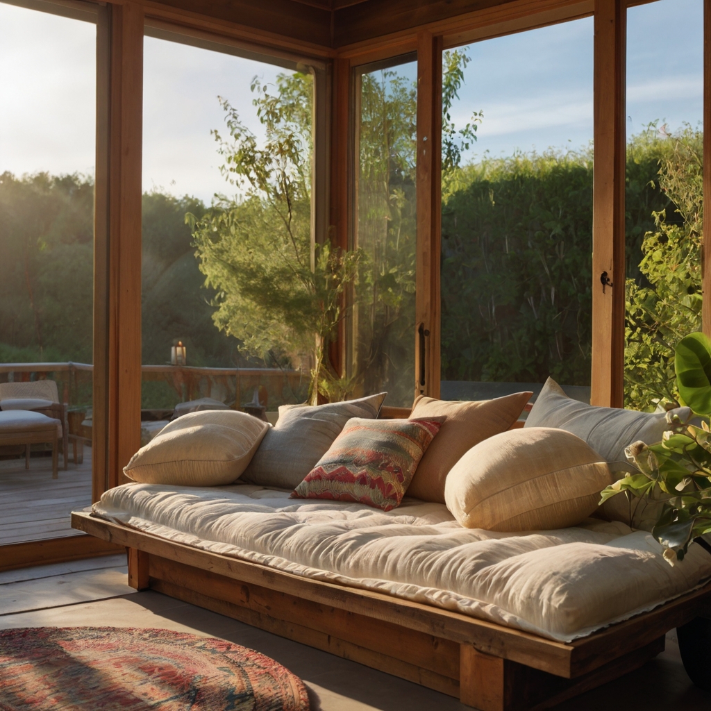 Convertible daybed opens beneath soft light, piled with cheerful cushions. The fabric and wood contrast gently under golden sun.