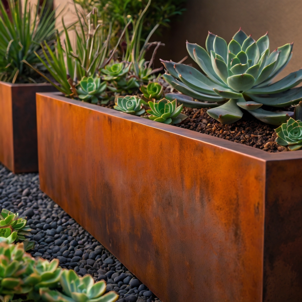 Rust-hued metal frames embrace garden beds. Industrial warmth defines the modern outdoor space.