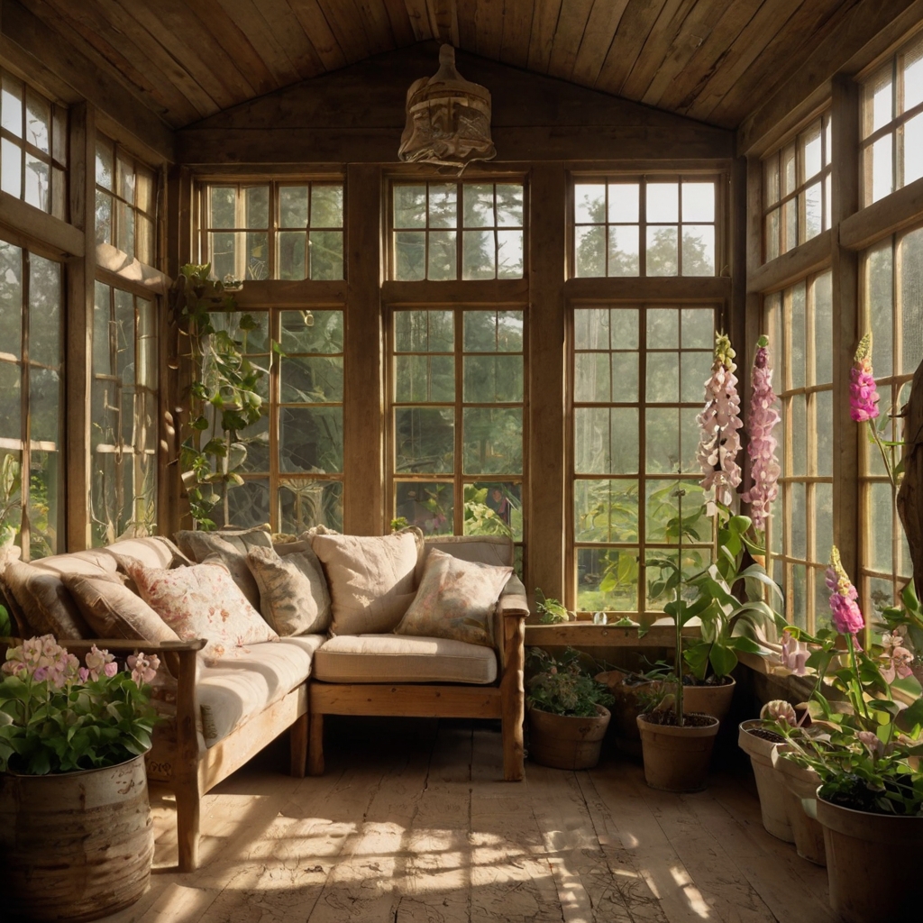 A rustic sunroom filled with cracked clay pots and lace curtains, where soft morning light filters through, creating a warm, romantic atmosphere.