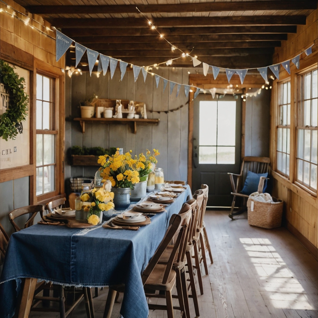 A cozy farmhouse baby shower styled with jean bunting and muted florals on vintage wood. Soft string lighting casts warm shadows over denim-covered tables.
