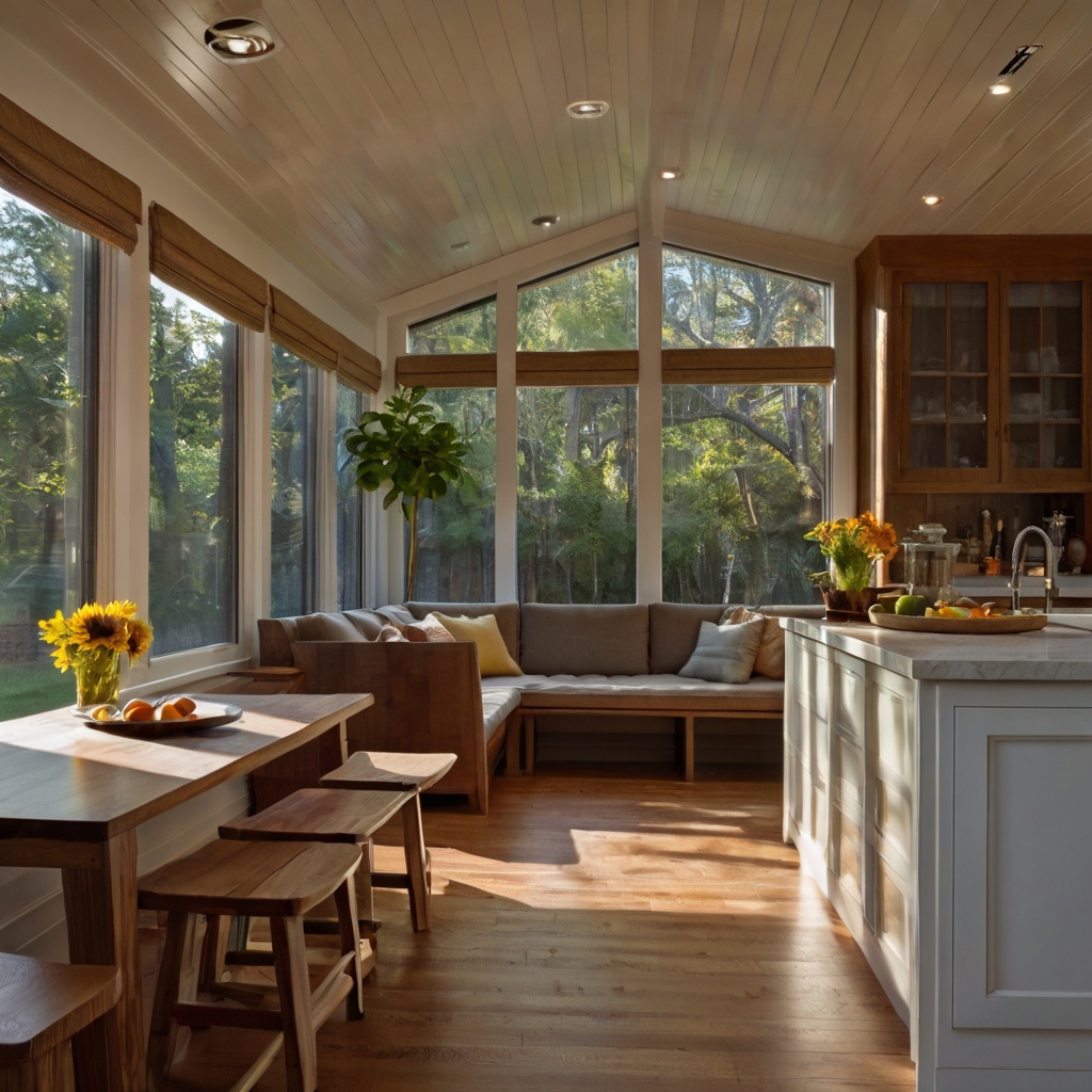 L-shaped quartz counter and wood floor meet deep drawers under bench seating near sunroom wall. Shot from sink shows soft directional light and sharp reflections from glass.