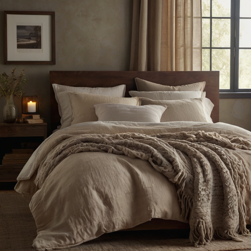 Neutral-toned bed layered with textured throws and pillows. Warm lamp light highlights fabric folds and cozy softness.