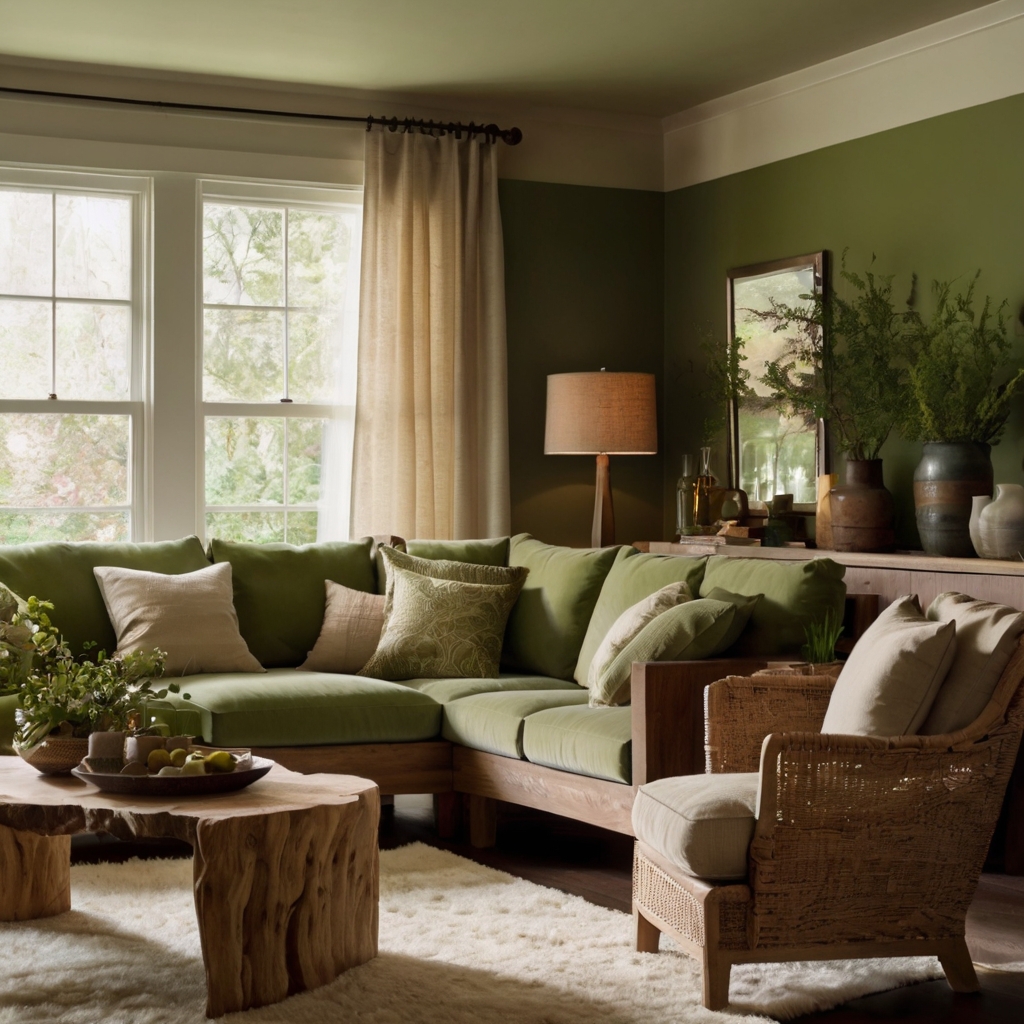 A cream sectional with green velvet throws and a wooden coffee table. Warm natural light creates a cozy, rustic feel.