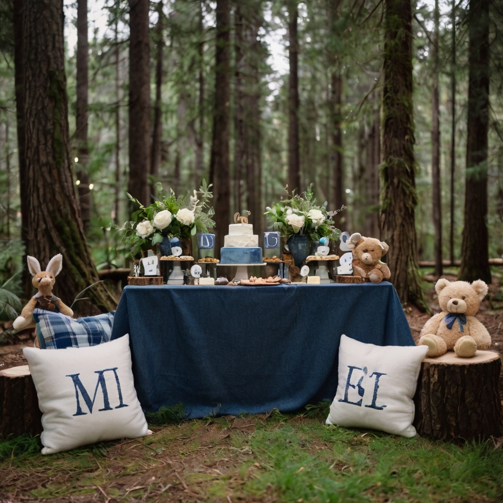 Rustic flannel and denim in a forest setting with plush bears and greenery all around. A warm, cozy baby shower accented by fire pit glow and soft sunlight.