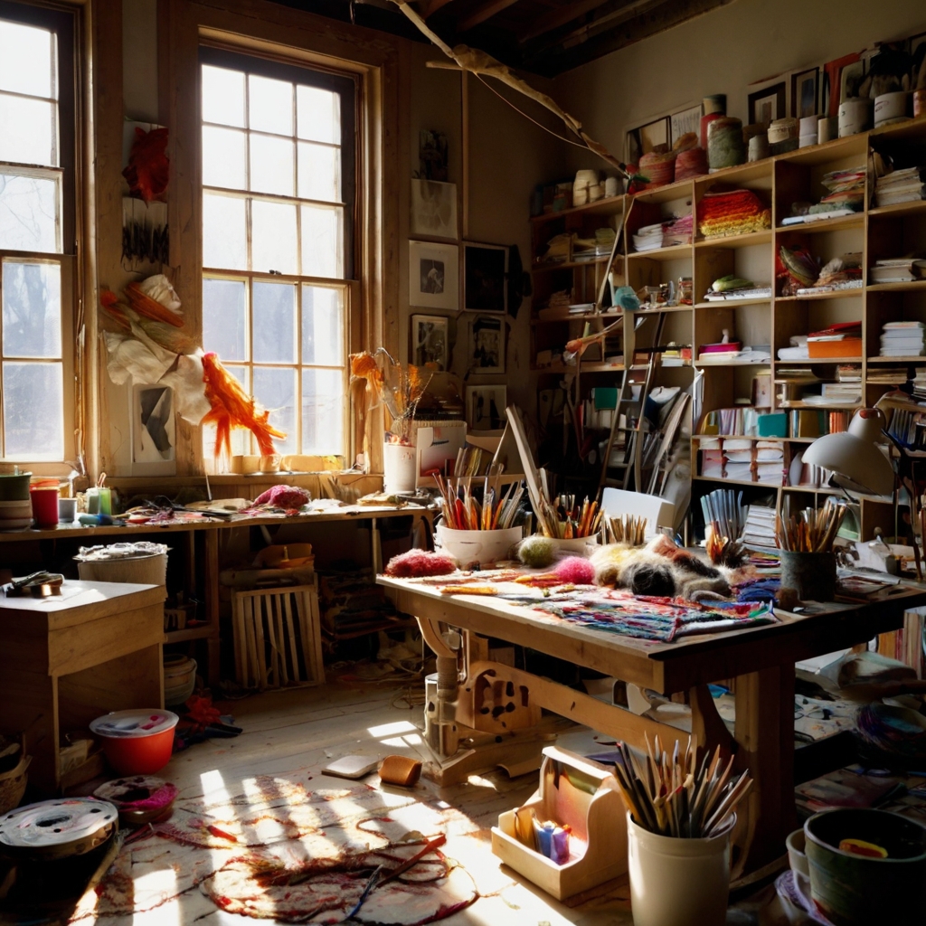 An art desk cluttered with yarns, brushes, and open sketchbooks. Soft natural light highlights the mess of creativity, inviting spontaneous artistic expression.