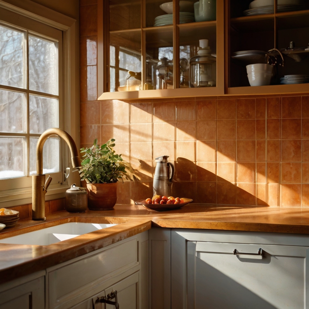 Brass faucet and frosted glass above kitchen sink glow under amber sunset light. Side angle focuses on sink elements with textured counter and condensation in clean realism.
