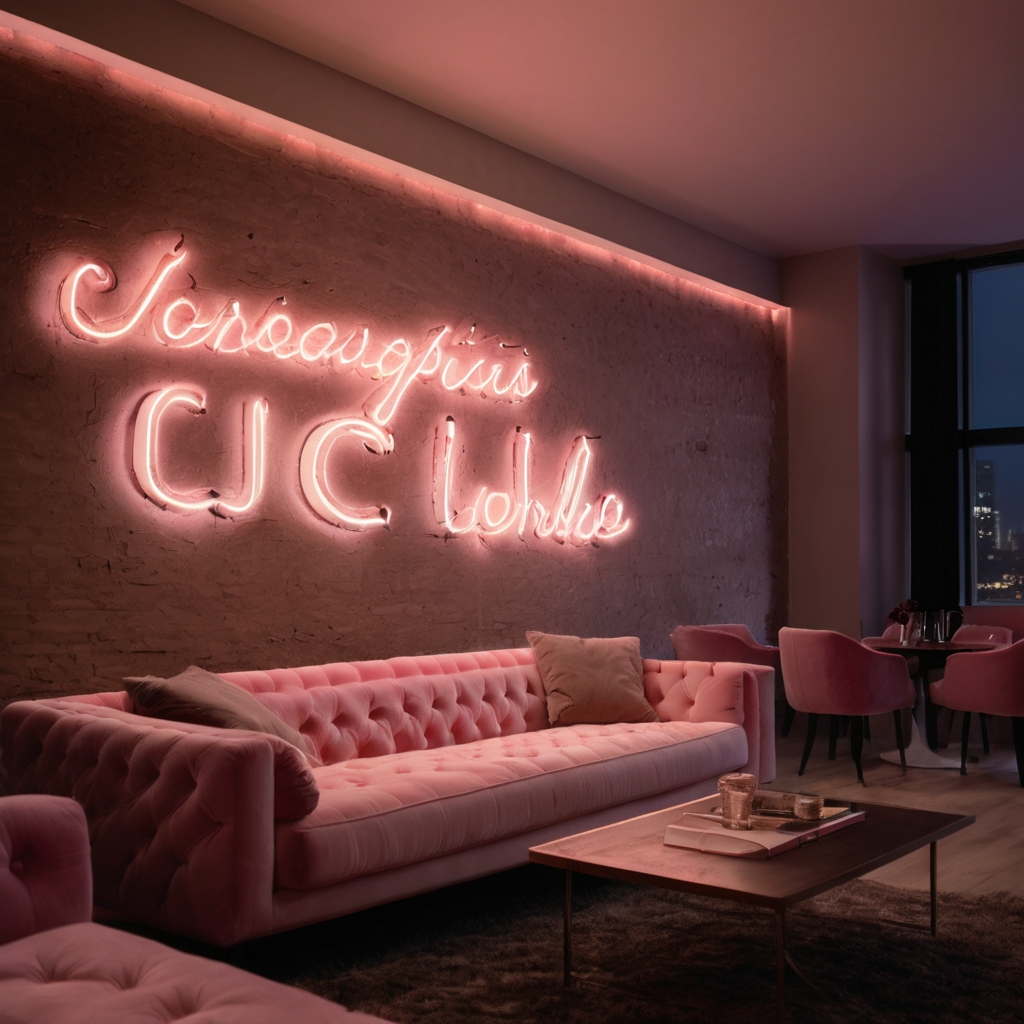 Plaster accent wall glowing with custom pink neon signage in soft evening light. Light halo contrasts against smooth wall for cozy ambiance.