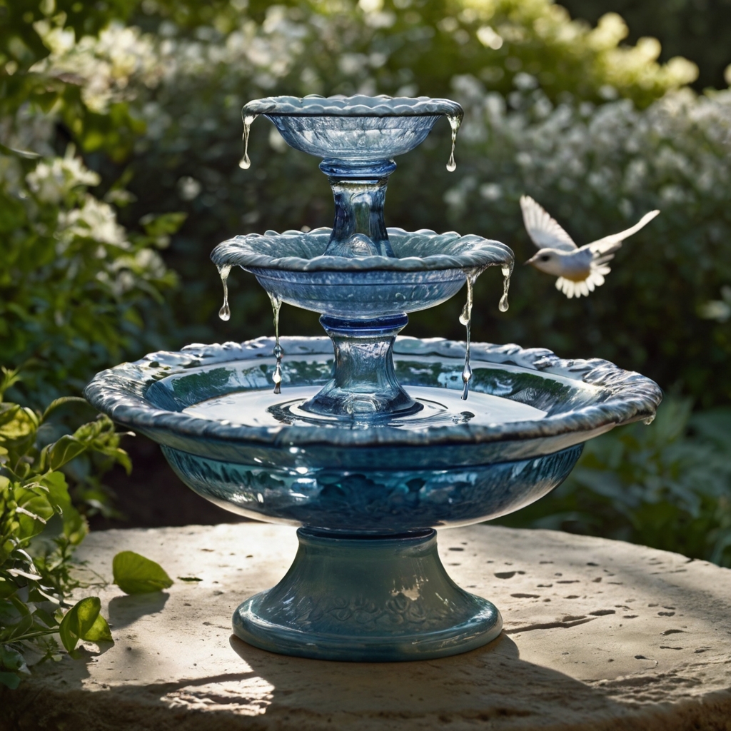 Stacked ceramic dishes hold water for birds under sunny skies. DIY birdbath attracts wildlife with elegance and charm.
