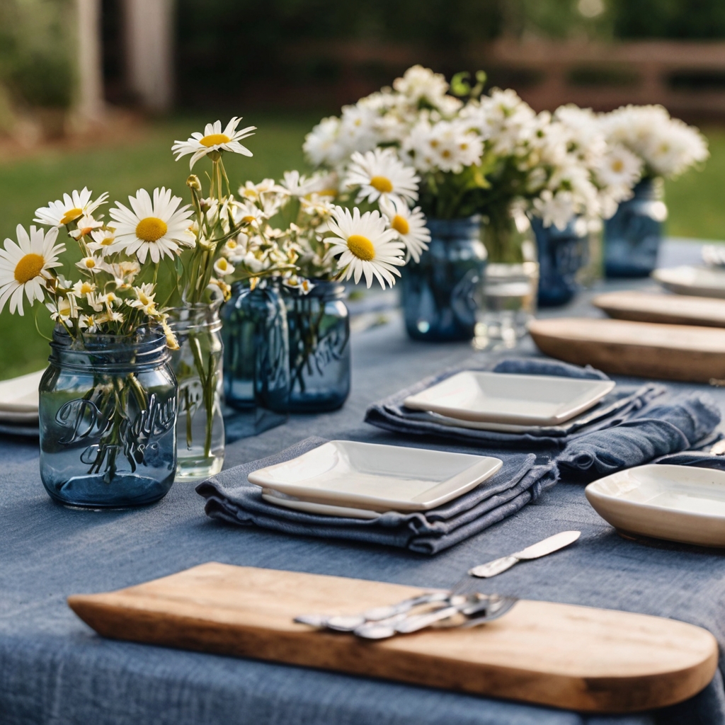 Daisies bloom from jean pockets on long tables with golden cutlery and lemonade. Breezy curtains and sunny shadows create a crisp spring baby shower.