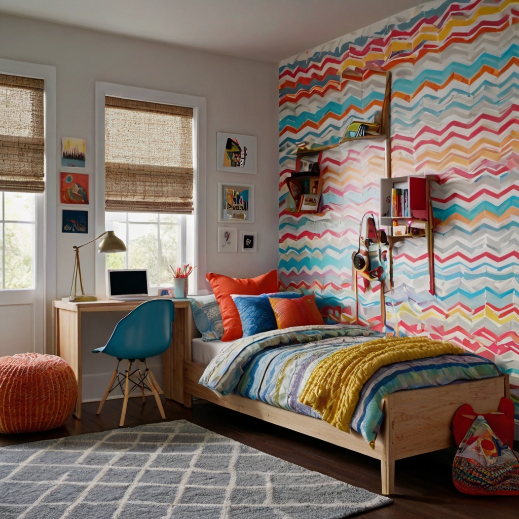 Accent wall with colorful tape patterns on matte white backdrop, crisp in daylight. Zigzags and stripes add creative, youthful expression.