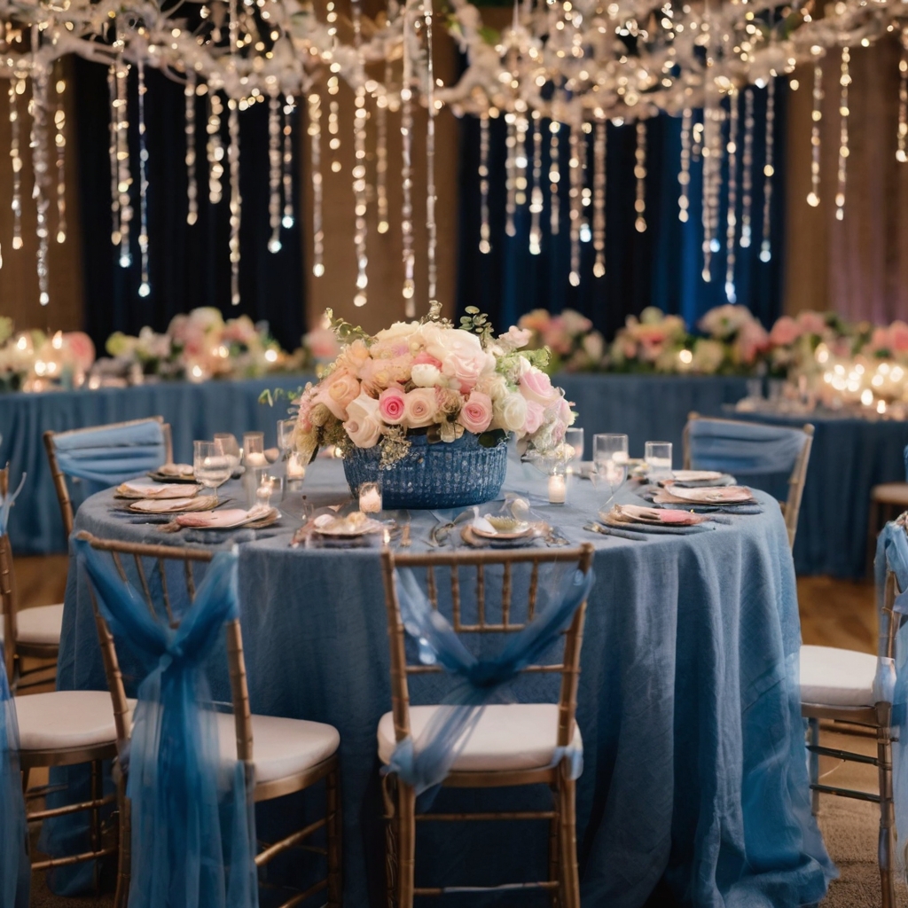 Sparkling diamond-style decor meets soft denim accents in a glamorous indoor baby shower. Glittering lights and white roses in jean vases complete this luxe rustic table scene.