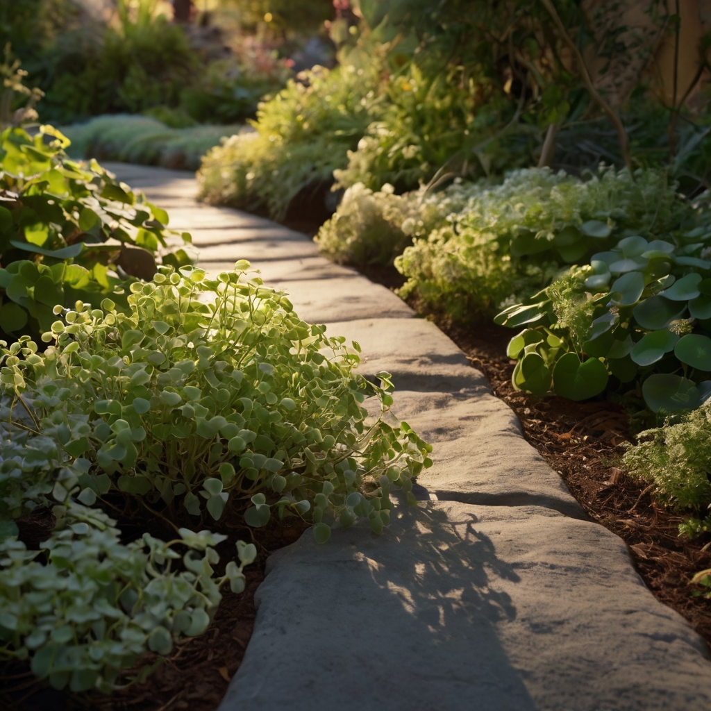 Ground-level image of silver-toned dichondra trailing across a sunlit path. A soft breeze and footstep movement add realism and shimmer to the silver foliage.