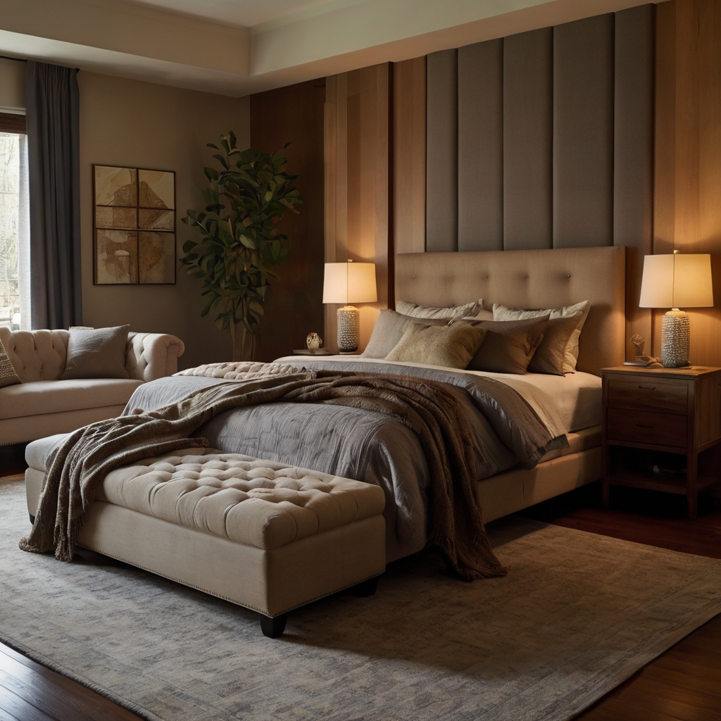 Upholstered ottoman and under-bed drawers used as smart storage in a cozy bedroom. Earth-toned bedding glows under warm evening lighting.