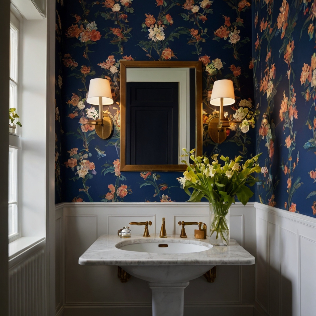 Bold wallpaper with botanical prints becomes the focal point of a half bath. Lighting highlights intricate textures and rich colors.