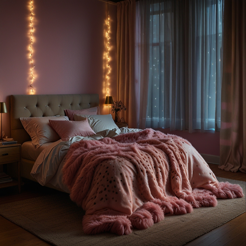 Fairy lights drip above wrinkled cheetah sheets and soft pink throws. A relaxed, glowing chaos defines the carefree space.
