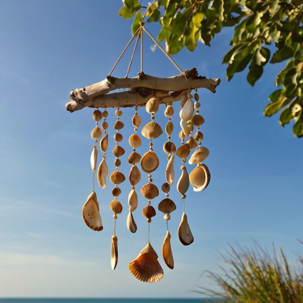 Driftwood pieces dangle with seashells swaying in a gentle breeze. Natural materials form a soft-sounding wind chime beneath garden trees.
