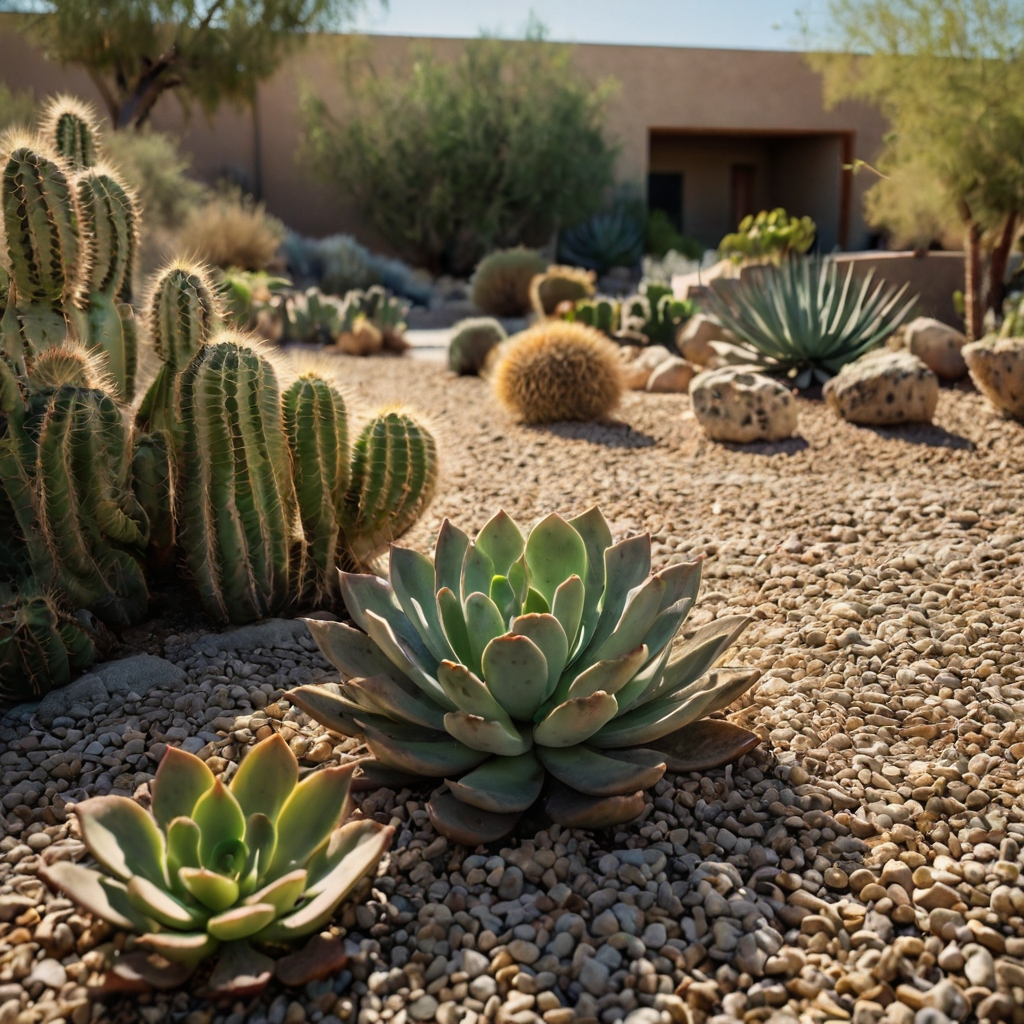 Succulents and hardy plants fill a dry front yard. Modern style meets eco-friendly landscape choices.