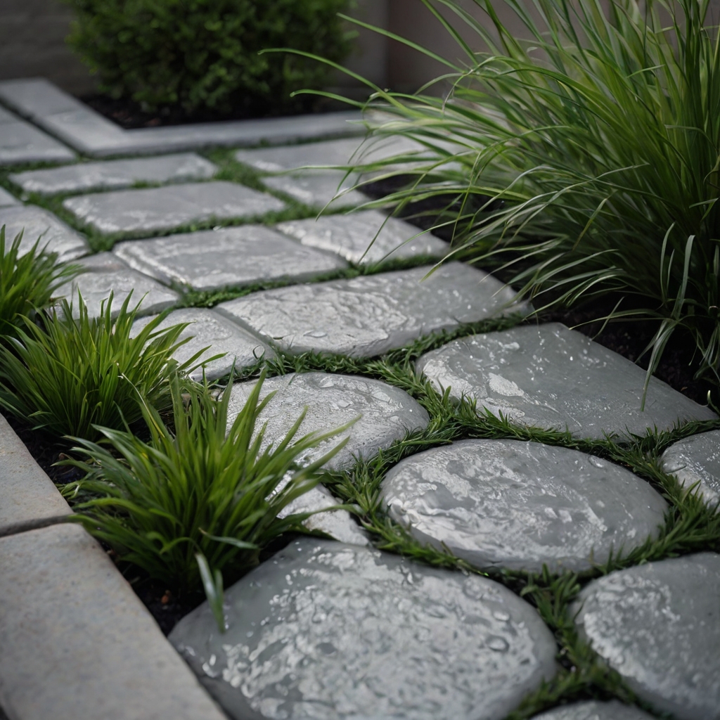 Side-angle image of dwarf mondo grass with rain-kissed arching leaves surrounding sleek stone pavers. Overcast lighting reflects in wet surfaces, adding garden depth.