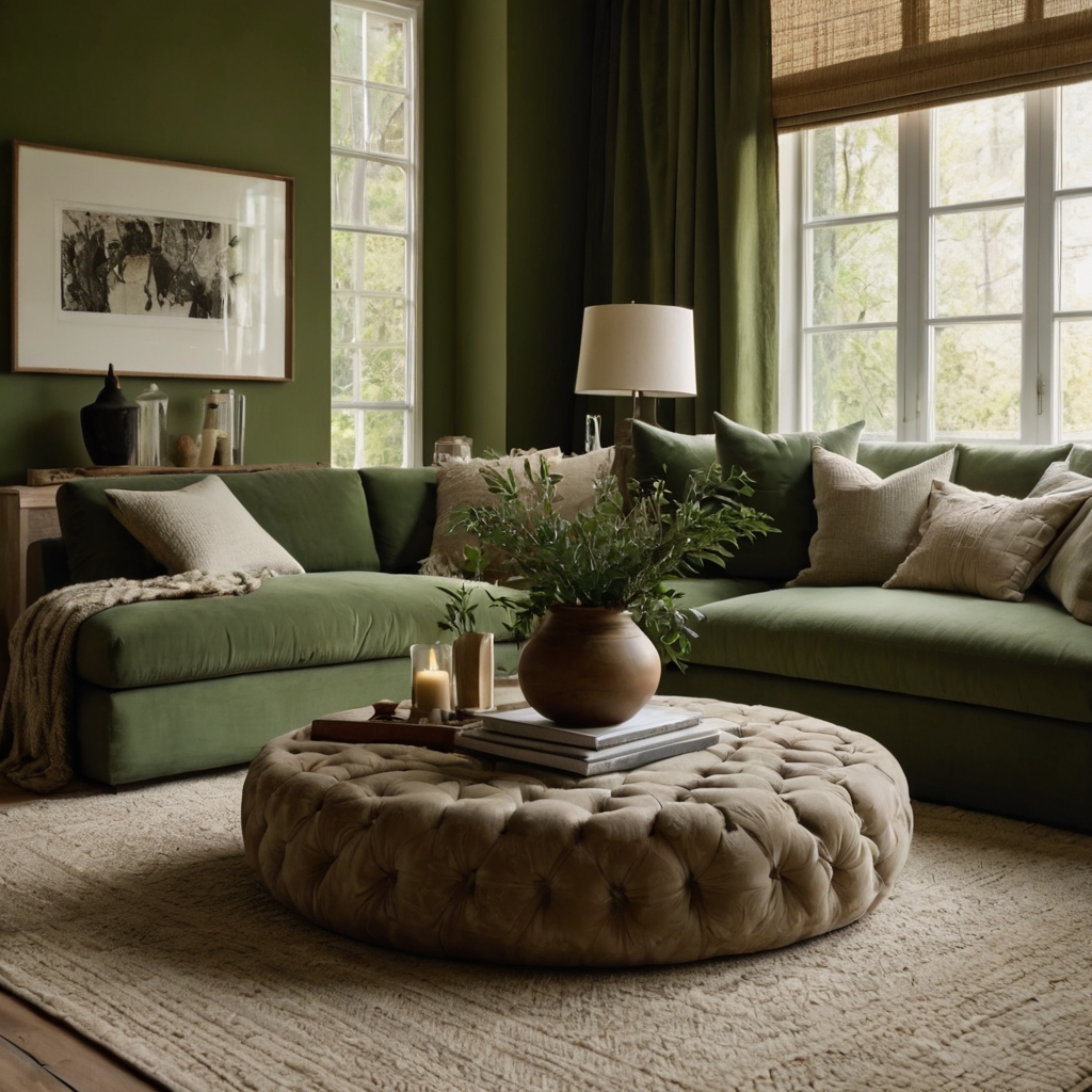 Olive and sage green tones blend with soft cream for a calming palette. Wooden accents add warmth, creating a serene space.