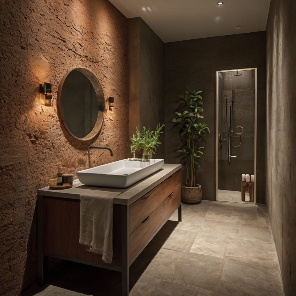 Clay, sage, and sienna tones bring earthy calm to the small bathroom. Textured materials echo natural serenity.