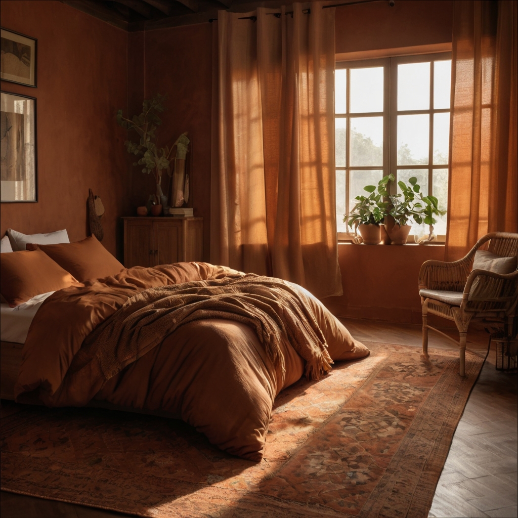 Terracotta bedding and clay rugs bask in sunset glow. Wood textures and burnt hues create cozy harmony.