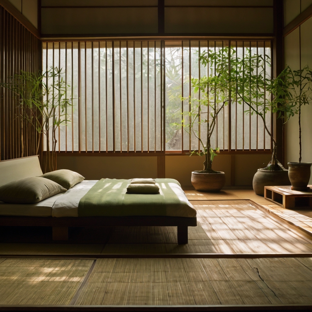 Zen bedroom with bamboo decor, soft earth-tone fabrics, and tranquil lighting. Natural textures and simplicity foster serenity.