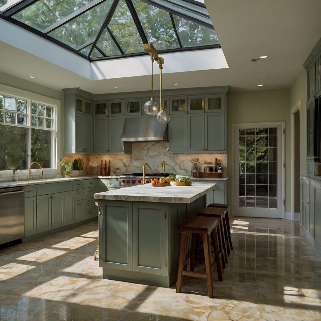 Marble island beneath overhead skylight glows under sunlight with distinct edge shadows. Stainless sink and sage cabinets finish clean frame from top-down kitchen view.