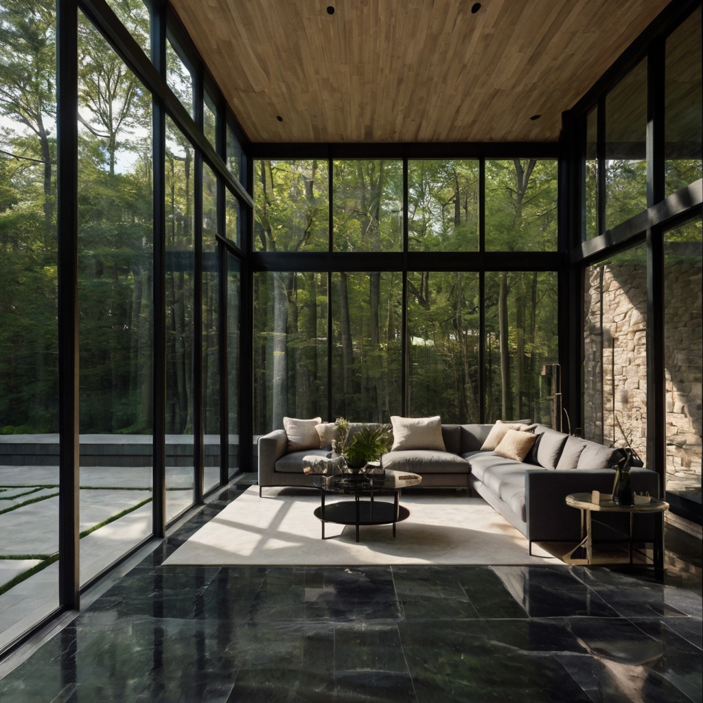 A sophisticated sunroom with black-framed glass walls, stone floors, and sharp sunlight creating bold geometric shadows for a modern, elegant feel.