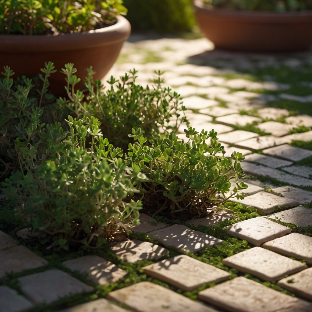 Path-level image of tightly packed elfin thyme between garden tiles, with soft sun glare and background blur. Green foliage appears plush and low-growing.