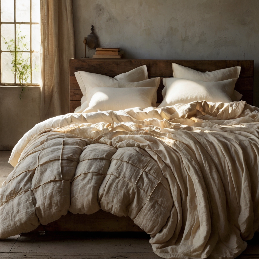 Natural linen bedding crumples over a rustic wood bed. Soft daylight highlights breathable textures and warmth.