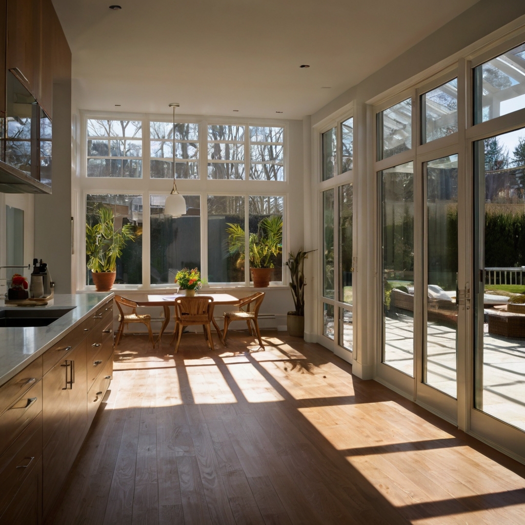 Kitchen cabinetry and tile extend smoothly into sunroom zone in wide linear format. Bright ambient light enhances material contrast in corner-spanning ultra-wide capture.