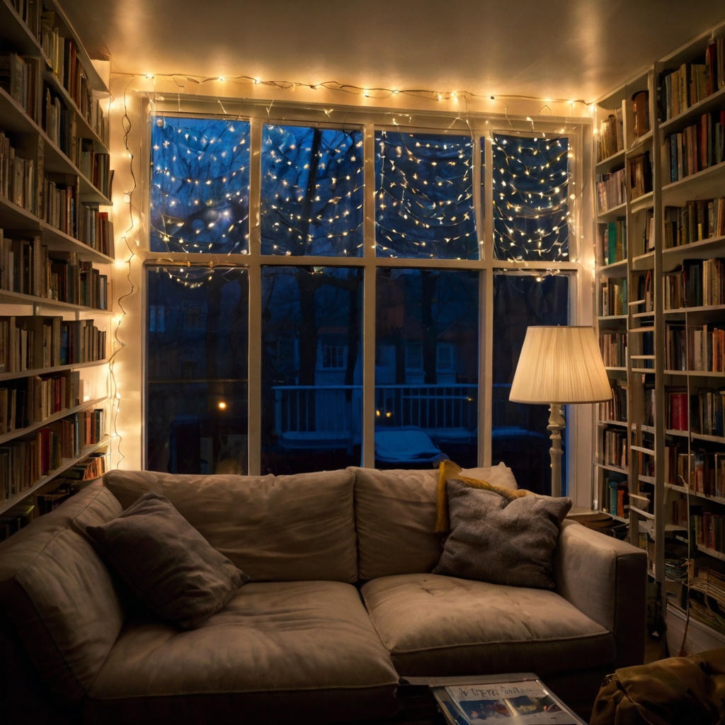 Fairy lights drape across bookshelves, glowing faintly even in daylight. The room feels magical with soft natural light mingling with the subtle twinkling.