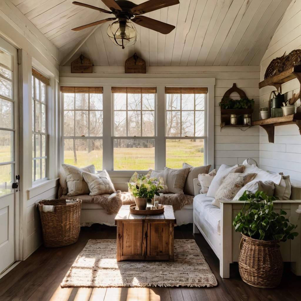 A rustic sunroom with shiplap walls, mismatched wooden furniture, and soft sunlight casting warm shadows over patchwork throws and mason jars.