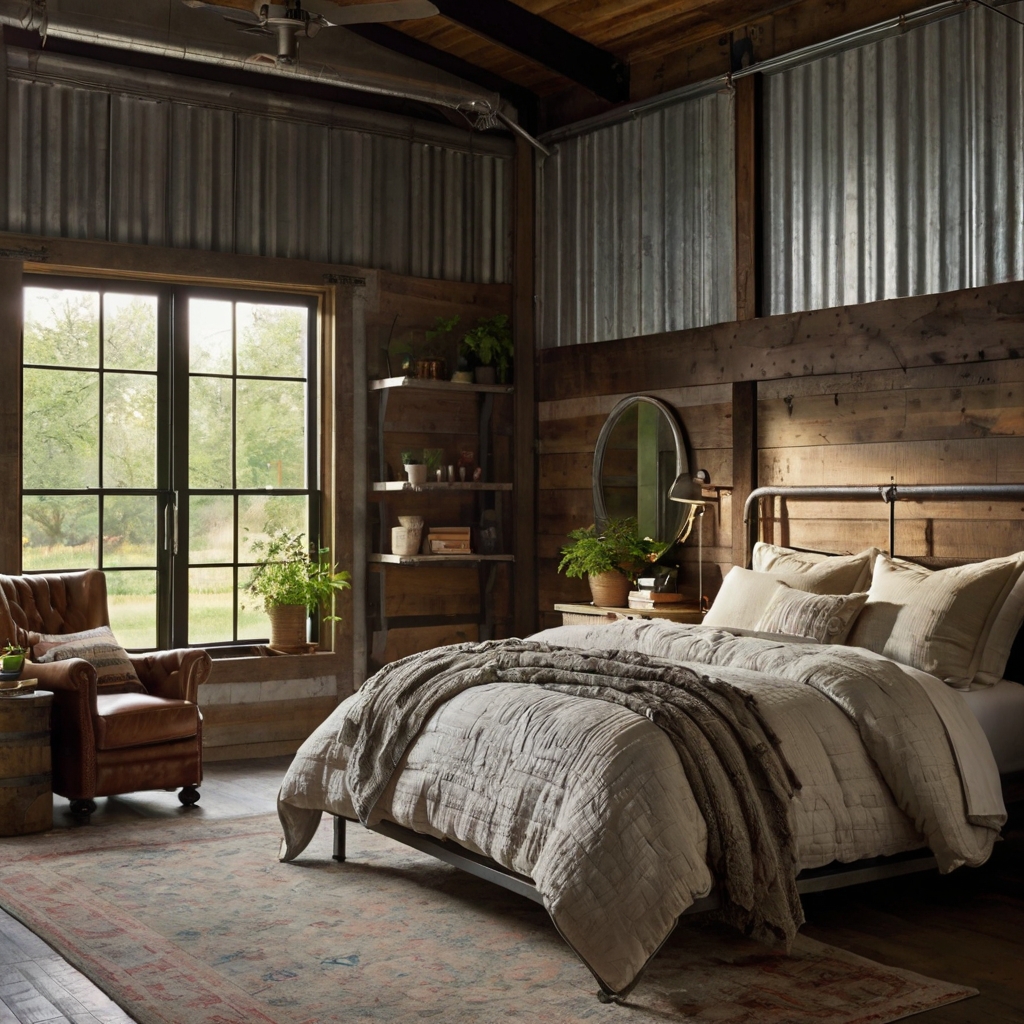 Bedroom fusing farmhouse warmth with industrial grit, set against brick and wood. Soft glows and textures bridge cozy and cool.