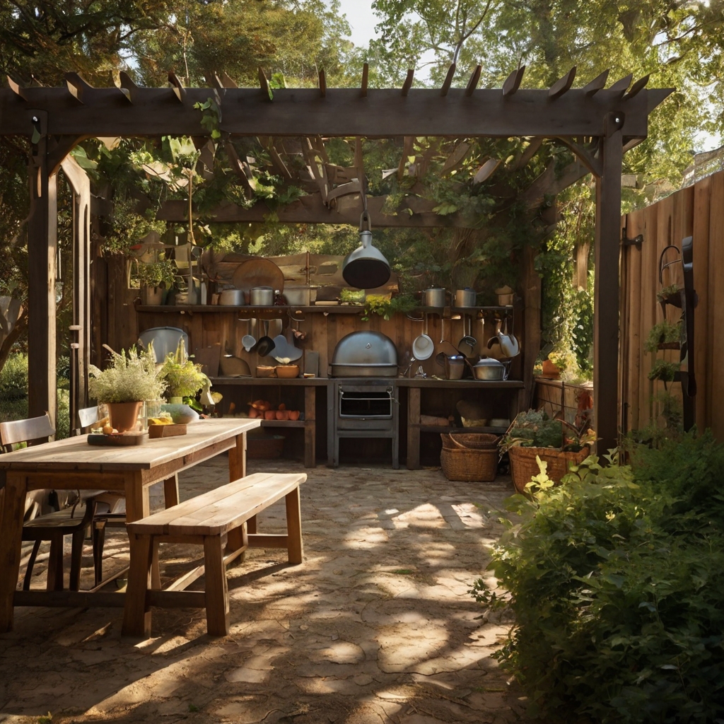 A farmhouse-style outdoor cooking area with iron pans and rustic wooden seating. The design gives off a cozy, down-to-earth vibe perfect for relaxed outdoor meals.