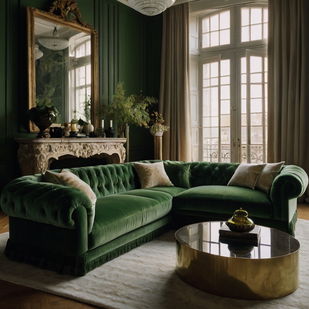 A green velvet sofa and cream wool rug create a luxurious living space. Textured throw blankets add depth and warmth to the room.