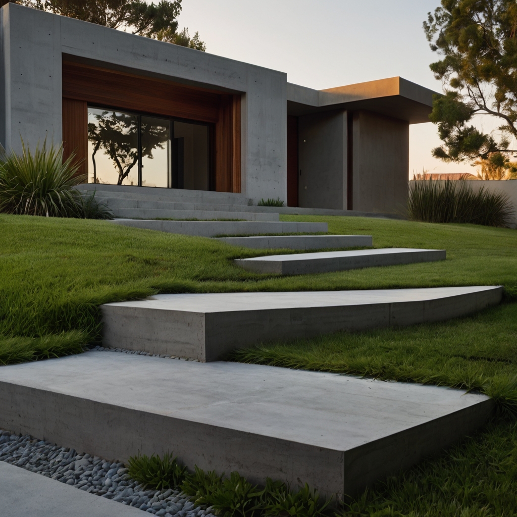 Concrete steps hover slightly over trimmed grass. Minimal spacing adds a modern, weightless effect.