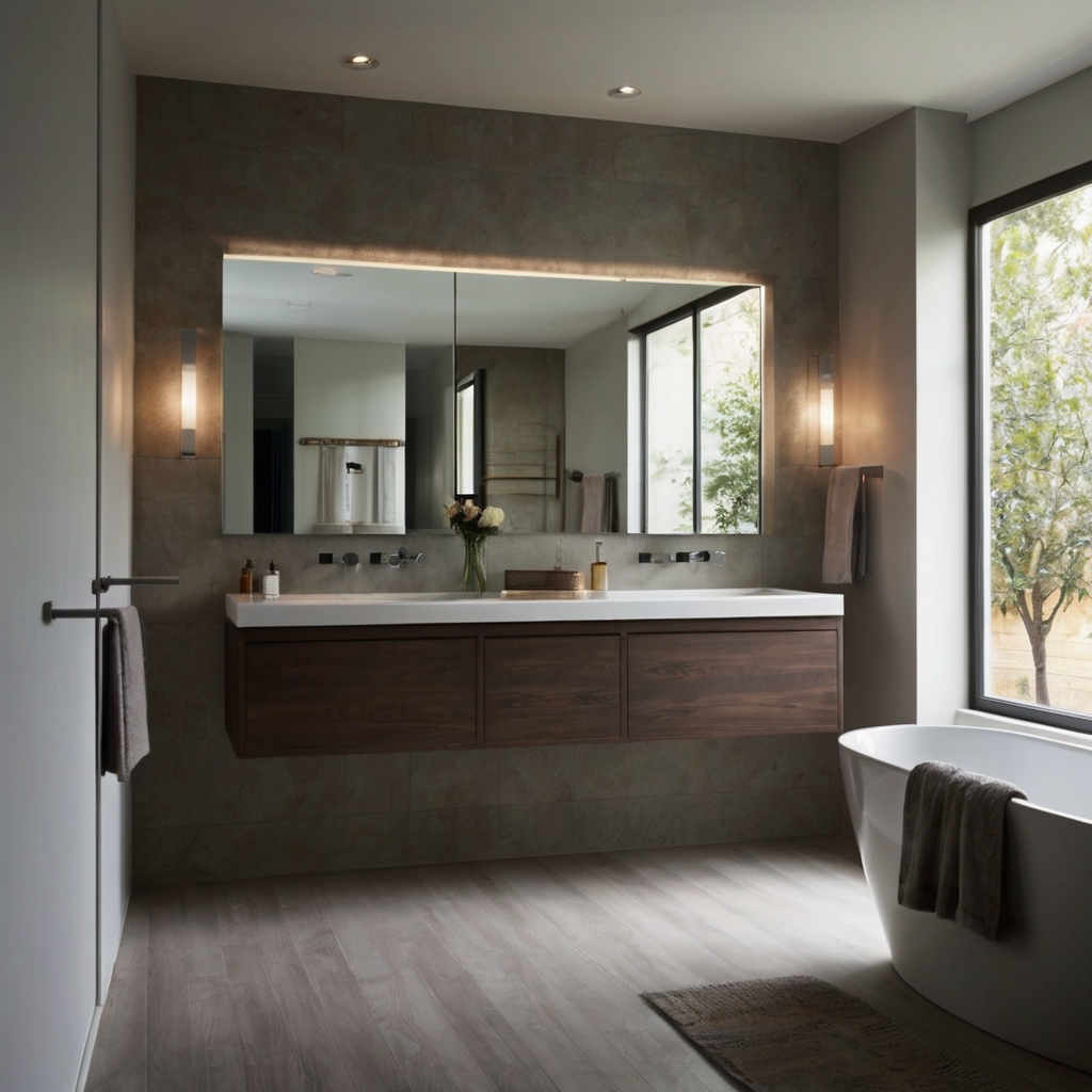 Modern half bathroom with a floating vanity above smooth floors, shadows enhancing a weightless feel. Natural light and sleek lines add spaciousness.