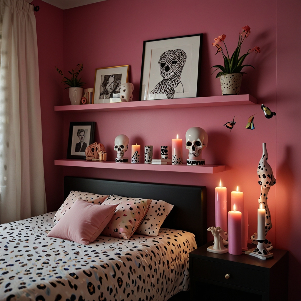 Floating pink shelves stacked with cheetah trinkets, frames, and candles. Controlled clutter speaks a wild, expressive language.