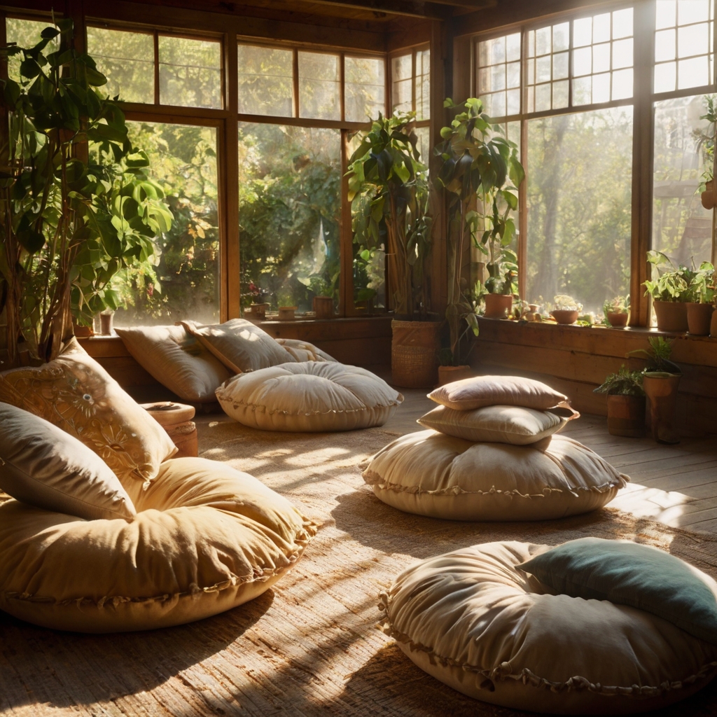 A sunroom with large, low cushions where warm golden sunbeams pour in, creating a laid-back, dreamy atmosphere perfect for relaxation.