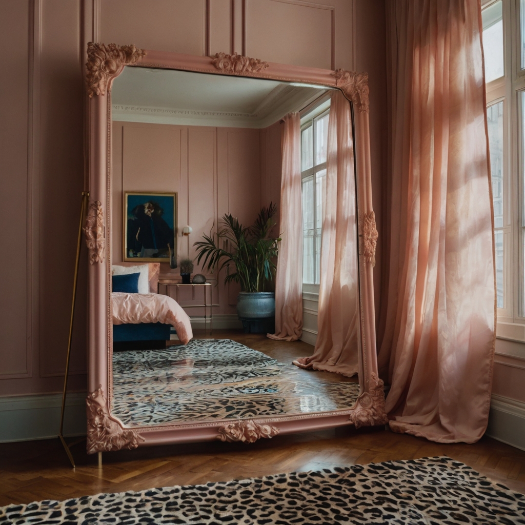 Large pink-framed mirror reflects cheetah patterns and layered textures. Light dances through sheer curtains creating optical depth.