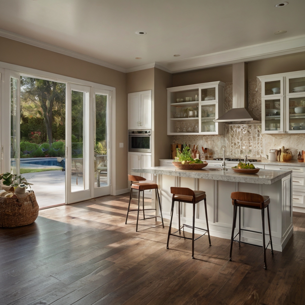 Ceramic tile floor extends from kitchen through open white French doors into sunroom. Built-ins and counters align across bright glass-framed space with afternoon shadow depth.