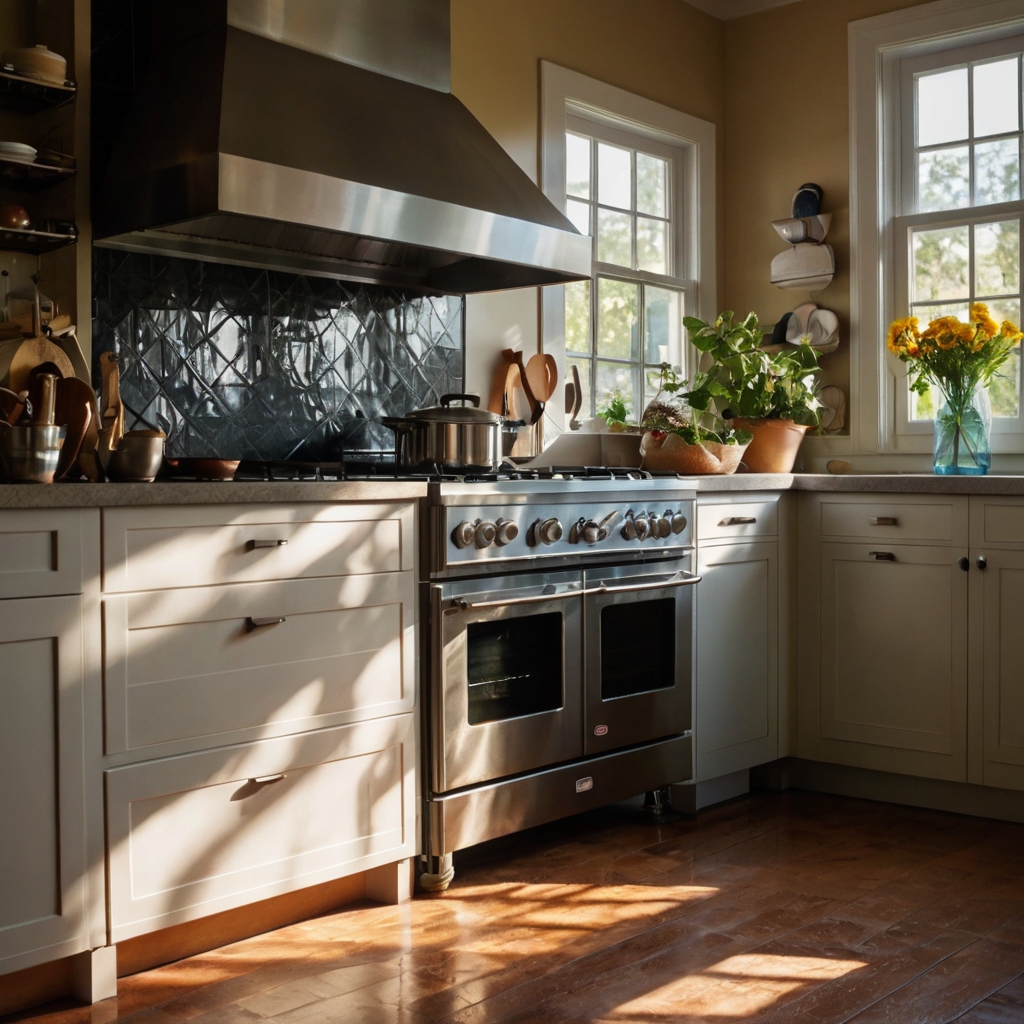 Stove beside sunroom threshold lit by full sunlight reflecting off vent and pots. Floor tiles glow under oven and sun together, viewed front-on for full brightness capture.