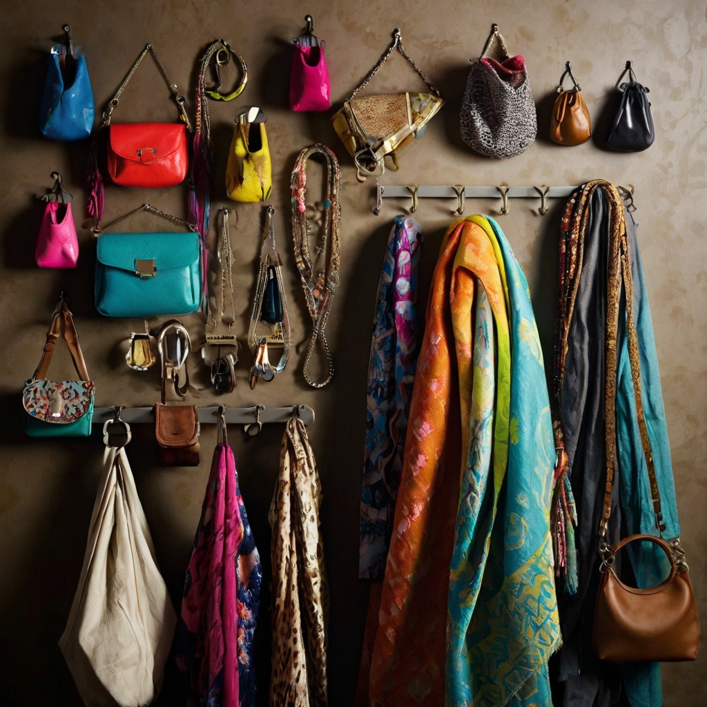 Wall hooks filled with purses, bandanas, and necklaces in a colorful, quirky mess. Bright, playful lighting highlights the eclectic nature of the cluttered display.