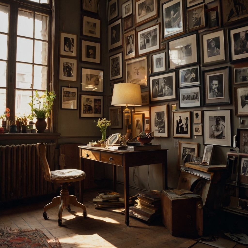 A chaotic gallery wall filled with mismatched frames, vintage posters, and postcards. Dramatic lighting enhances the vivid collection of art pieces.
