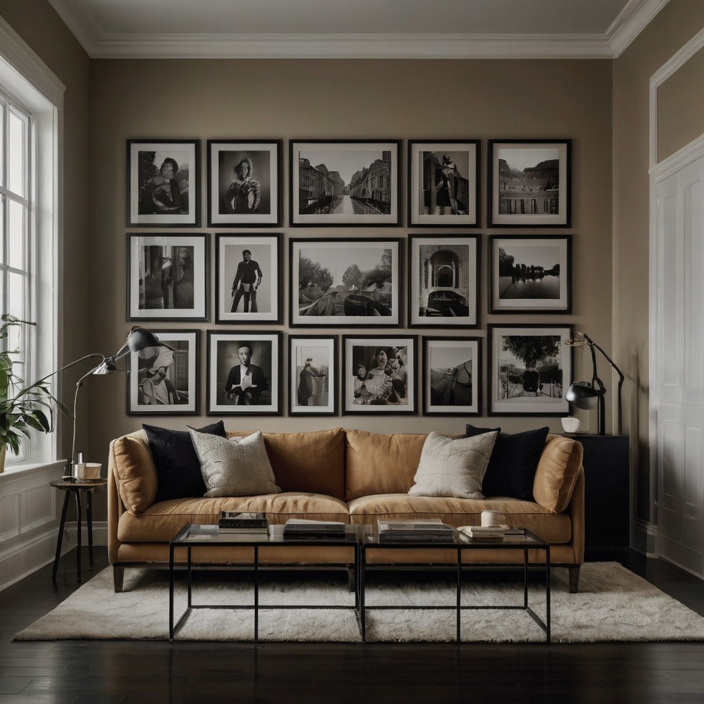 Black-and-white photography frames on warm-toned accent wall under spotlights. Clean symmetry and nostalgic feel highlight curated art.